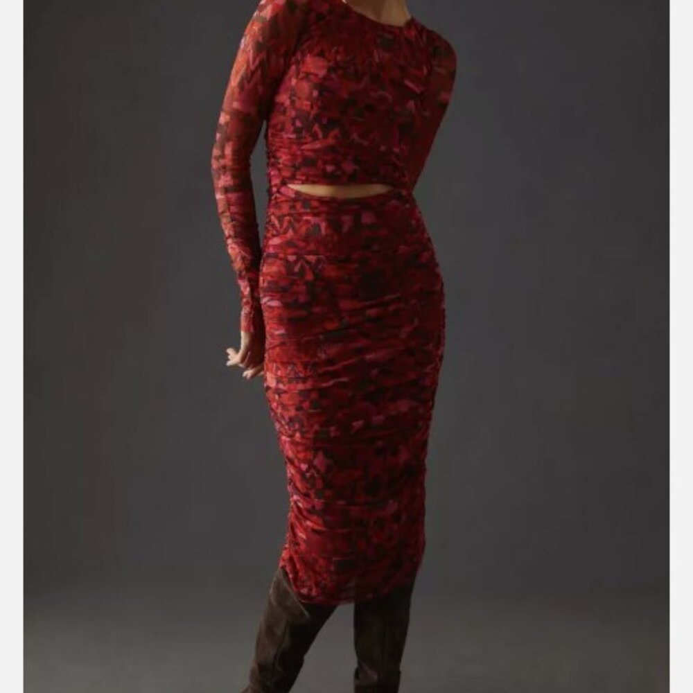 NWT MISA Los Angeles Anthropologie Red Mesh Cutout Bodycon Dress Red S
